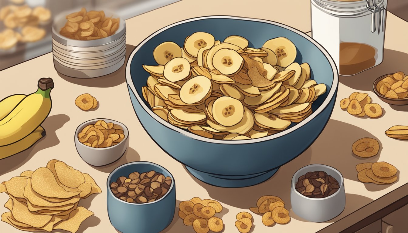 A bowl of banana chips sits on a kitchen counter, surrounded by various other snack foods. The chips are slightly browned and have a crispy texture