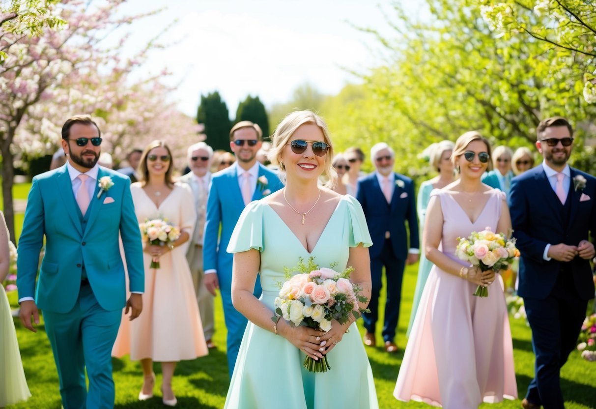 A sunny outdoor wedding in May 2024, with guests dressed in pastel colors, surrounded by blooming flowers and greenery