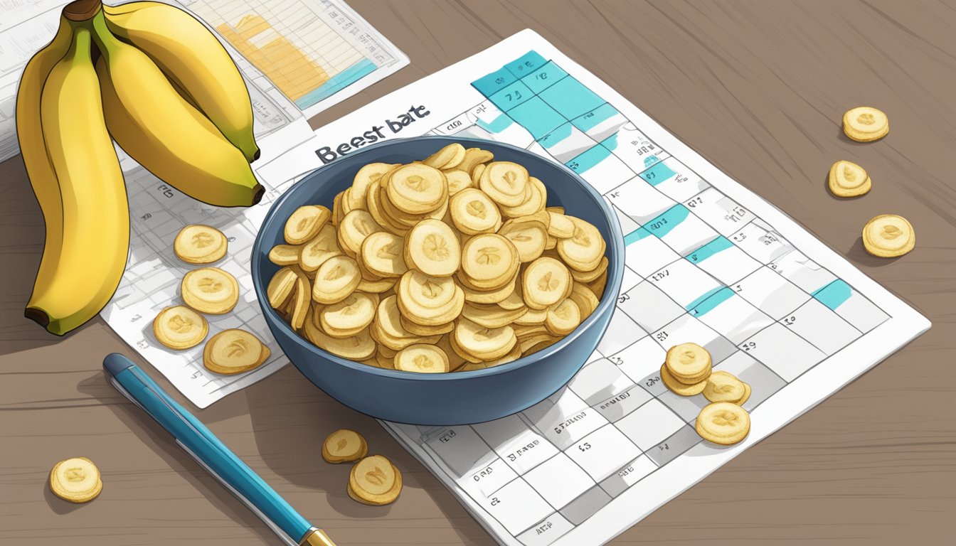 A bowl of banana chips sits on a countertop, next to a calendar showing the current date and a "best by" date several weeks in the future