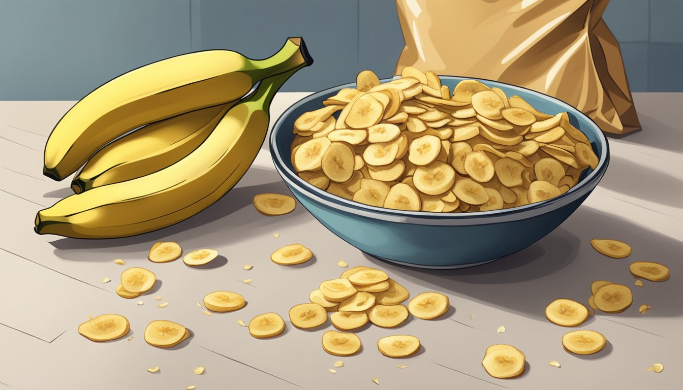 A bowl of banana chips sits on a kitchen counter next to a bag of fresh bananas. The chips are golden brown and crispy, with a few scattered crumbs