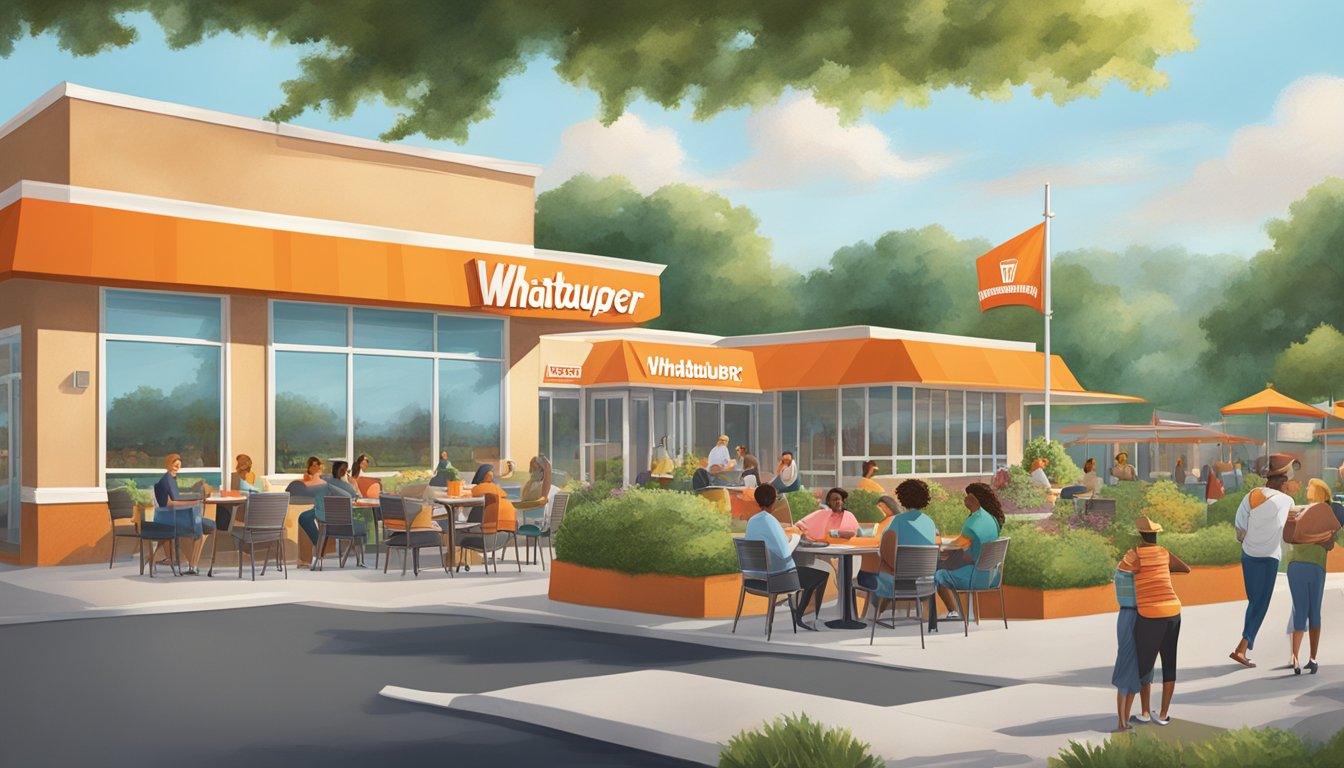 A bustling Whataburger restaurant with a diverse group of customers enjoying meals together. The exterior features green landscaping and a prominent "Community and Corporate Social Responsibility" banner