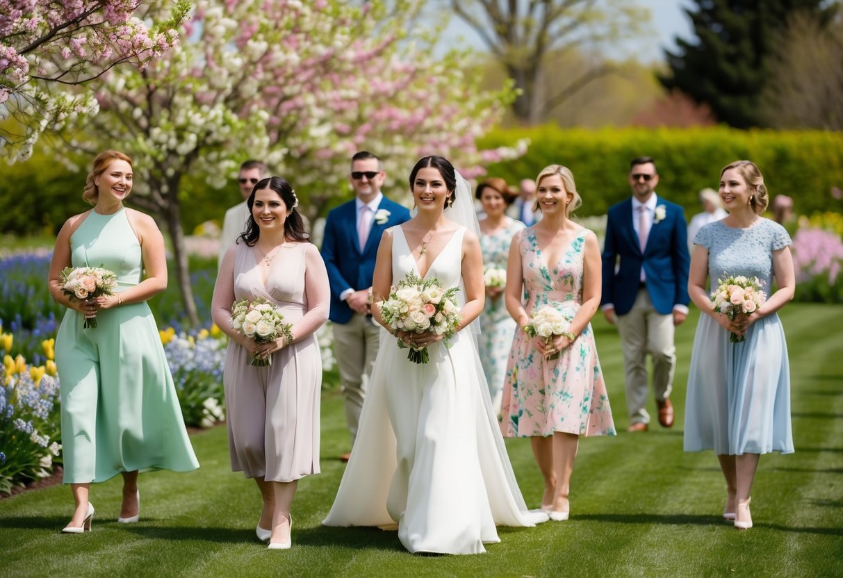 An outdoor wedding in May 2024, with guests wearing light pastel colors and floral patterns, set against a backdrop of blooming spring flowers and greenery