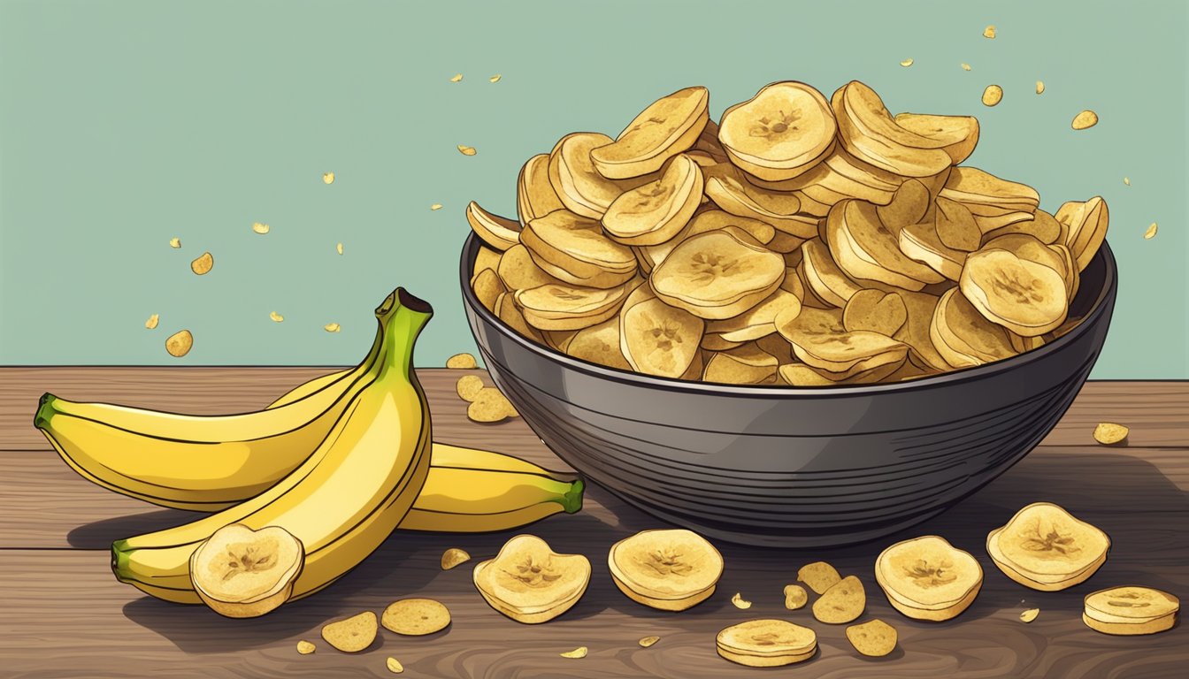 A bowl of banana chips sits on a wooden table, surrounded by fresh bananas. The chips appear golden and crisp, with a few scattered crumbs