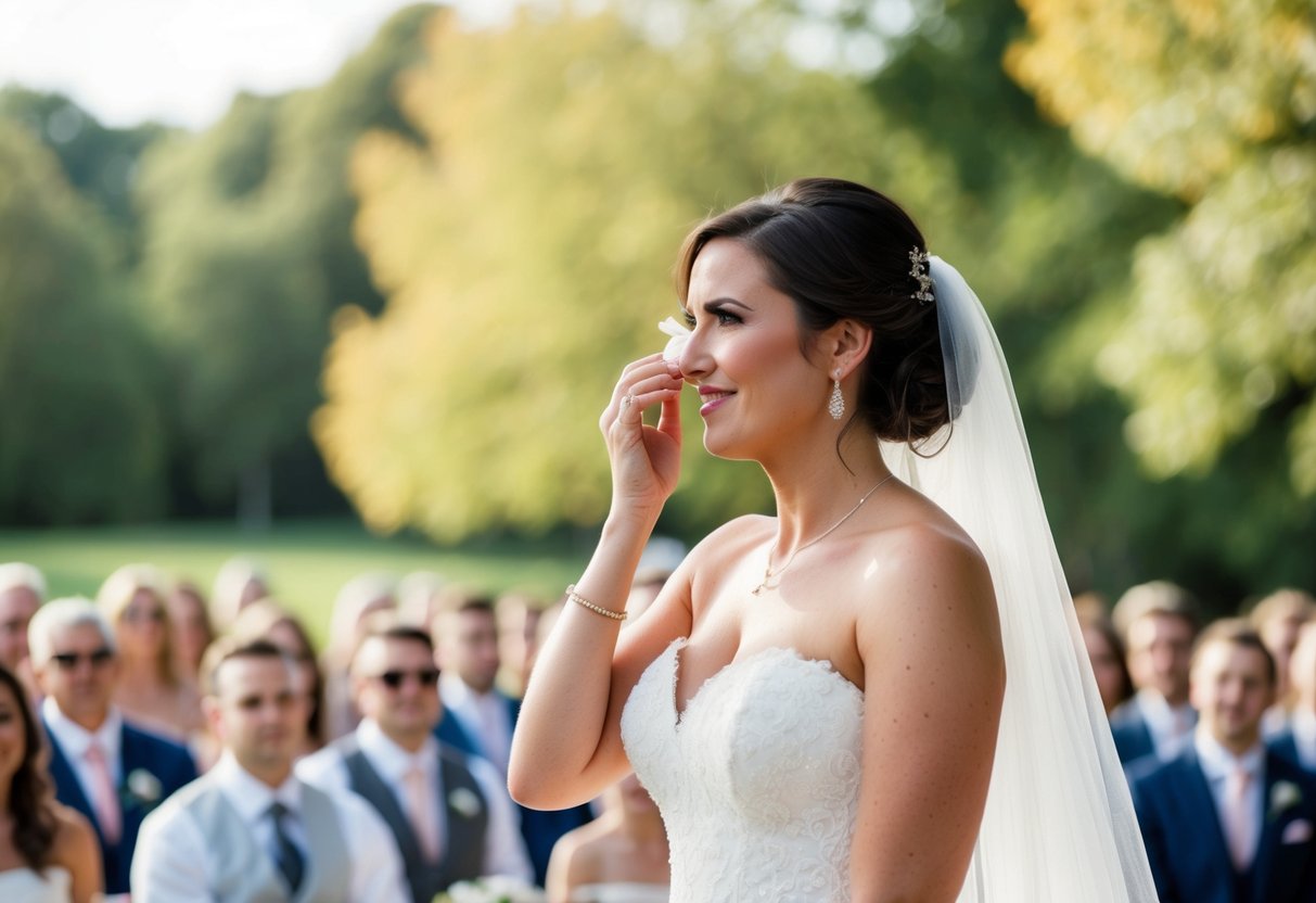 A bride standing in a white gown, wiping tears from her eyes as she looks out at a beautiful outdoor wedding ceremony