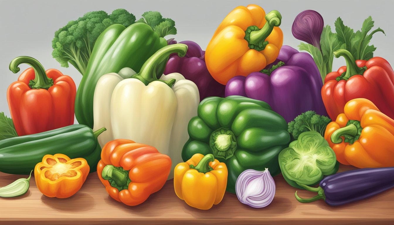 A vibrant bell pepper sits on a kitchen counter, surrounded by other colorful vegetables. Its skin is smooth and firm, indicating freshness