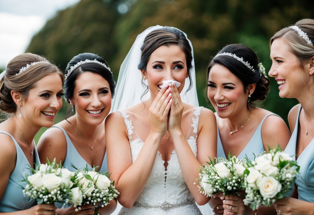 A bride surrounded by her bridesmaids, wiping away tears of joy on her wedding day