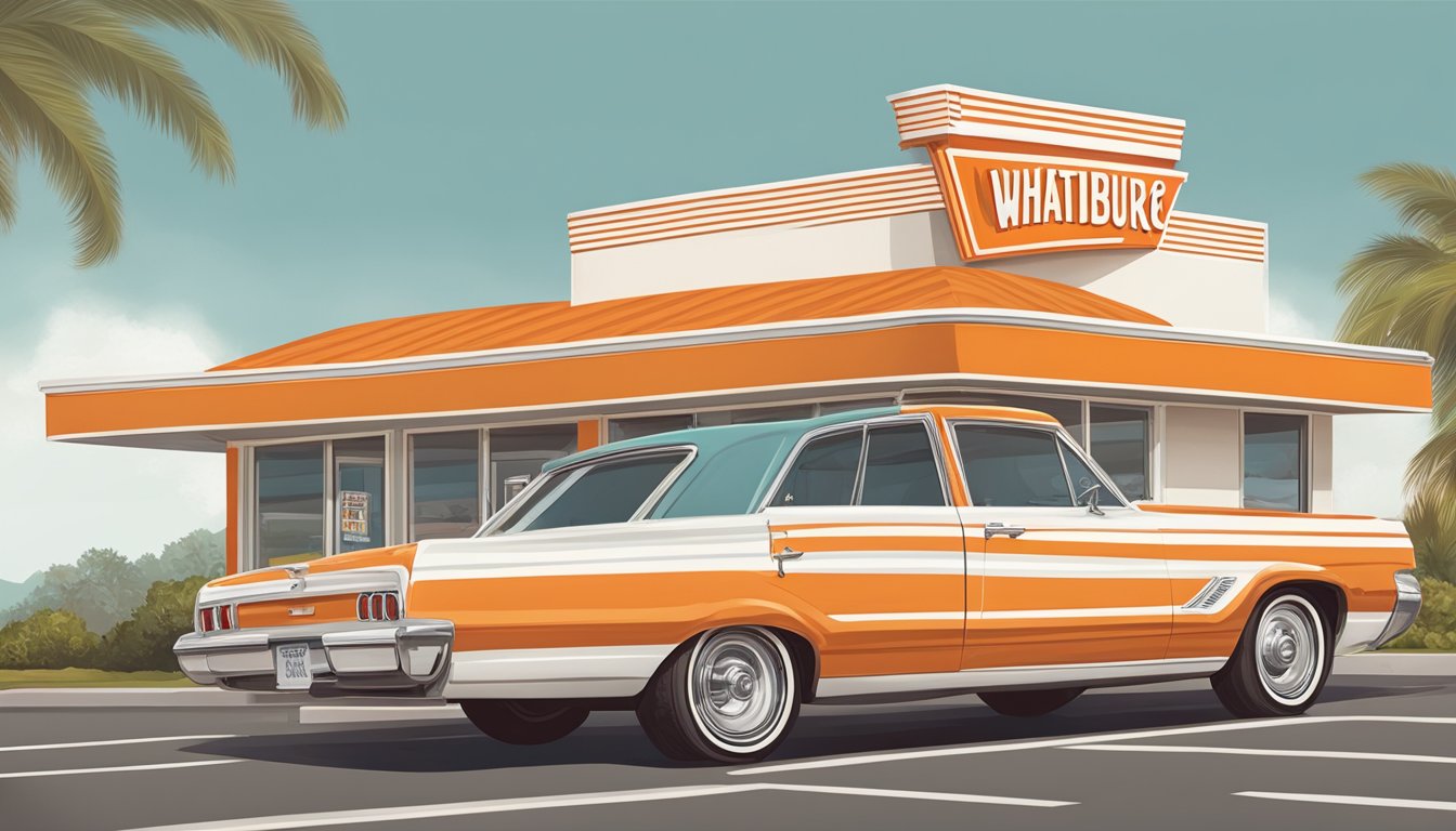 A vintage Whataburger restaurant with classic orange and white stripes, a retro sign, and a drive-thru window