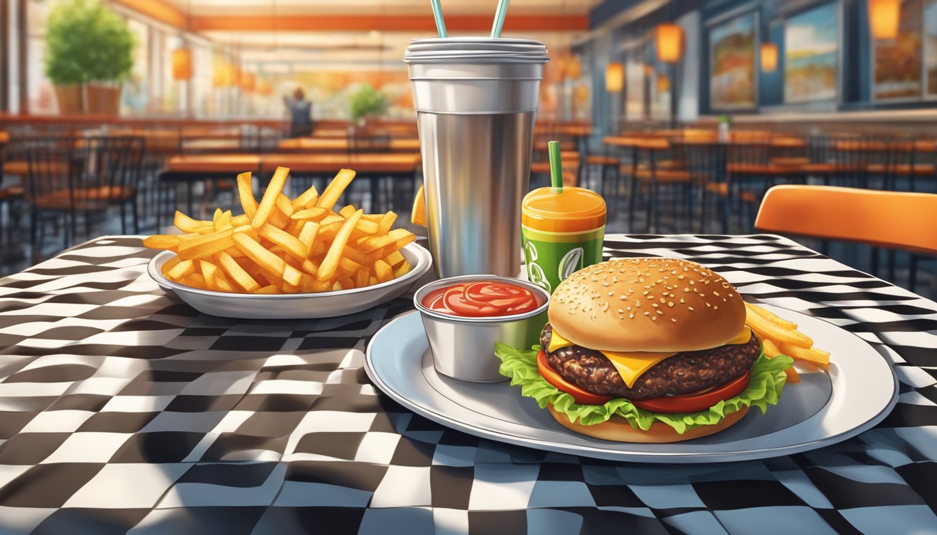 A juicy burger with crispy fries and a refreshing drink on a checkerboard tablecloth in a bustling fast-food restaurant