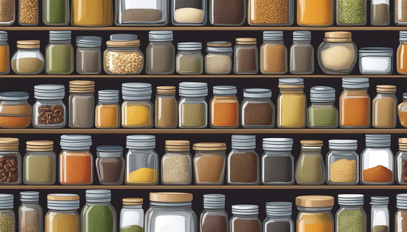 A shelf of neatly organized spice jars, with a prominent barbecue seasoning container in the center