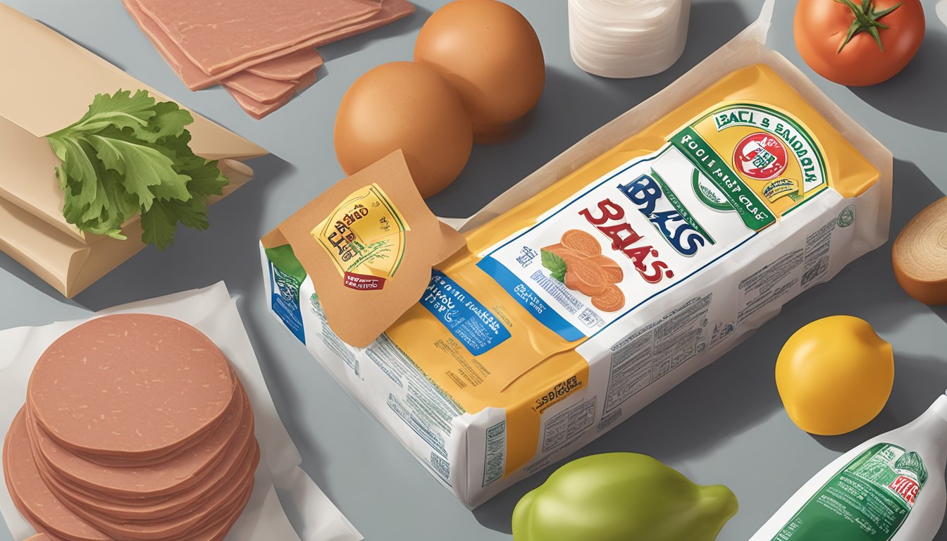 A package of Bar-S Classic Bologna sits on a kitchen counter, surrounded by other groceries. The expiration date is clearly visible on the packaging