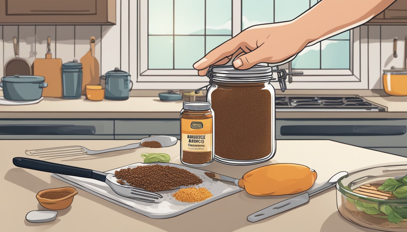 A jar of barbecue seasoning sits on a kitchen counter next to a grill. A hand reaches for the jar while a spatula and tongs lay nearby