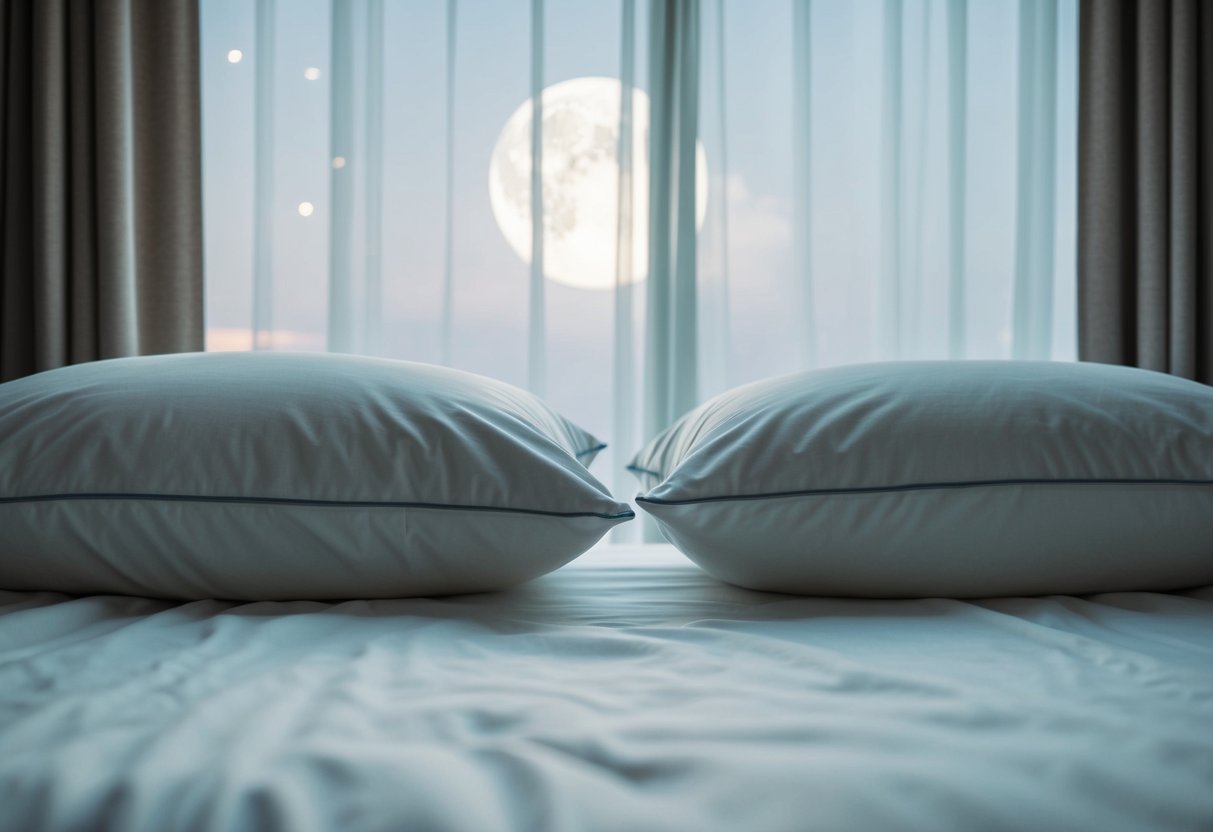 A bed with two pillows side by side, one slightly indented, moonlight filtering through curtains