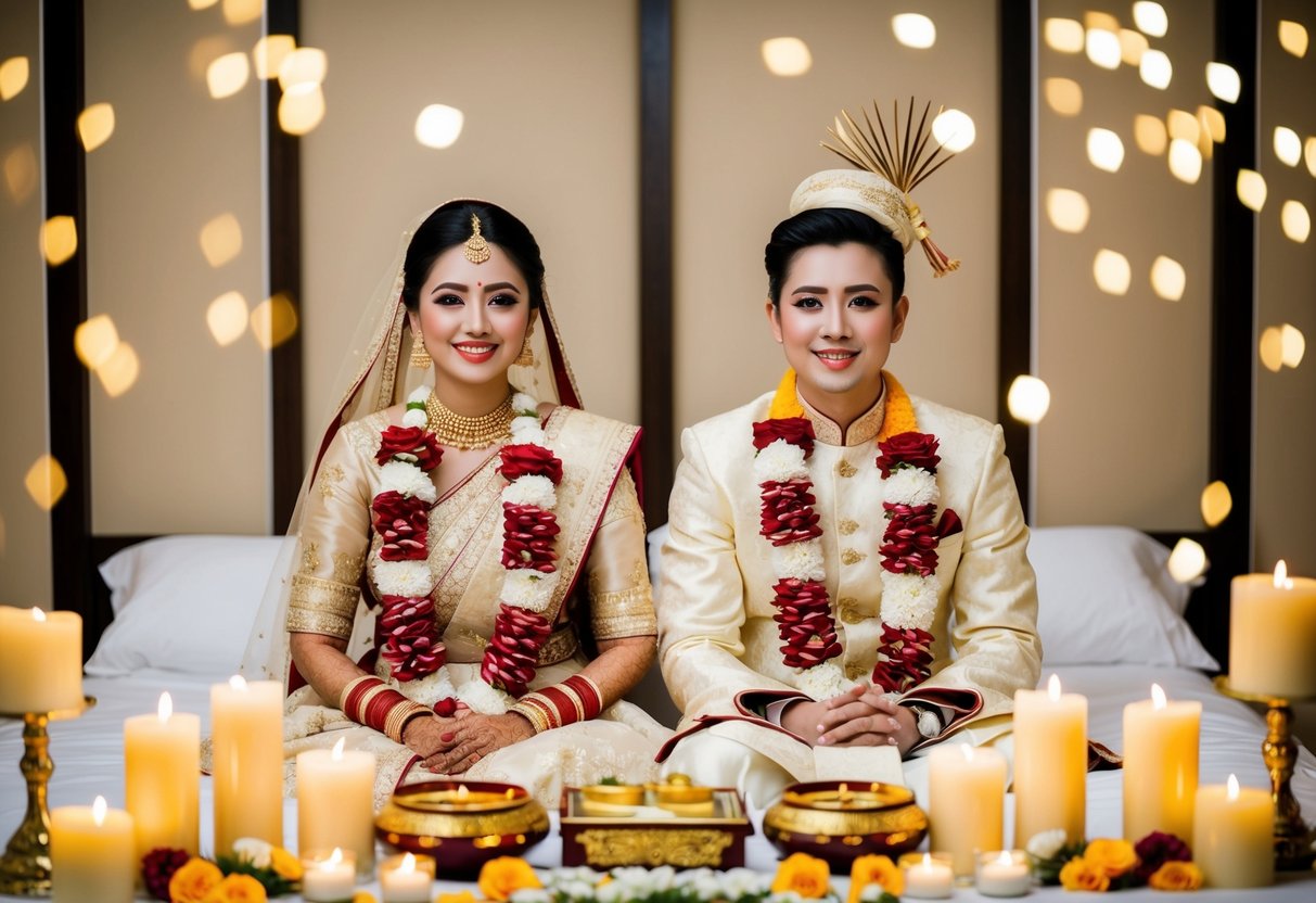 A bride and groom sit side by side on a bed, surrounded by symbolic items such as candles, flowers, and traditional garments