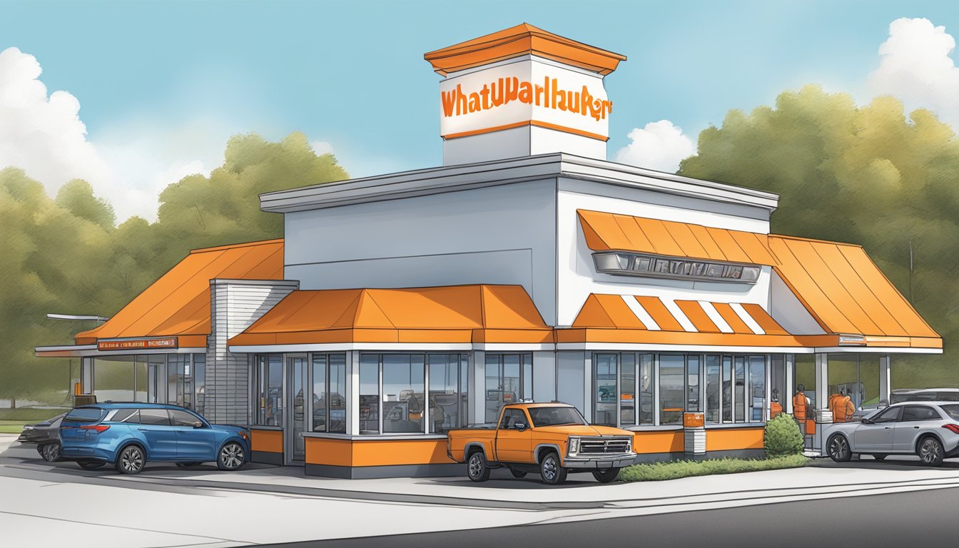 The Whataburger restaurant in North Carolina is open for business, with cars lined up at the drive-thru and customers dining inside