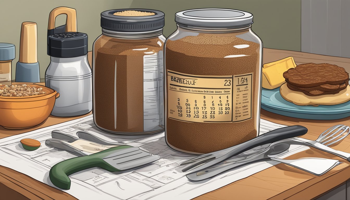 A jar of barbecue seasoning sits on a kitchen counter, surrounded by various grilling tools and a calendar showing the current date