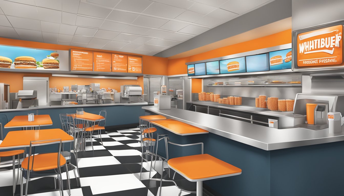 A bustling Whataburger restaurant with a welcoming atmosphere, bright decor, and friendly staff serving customers at the counter and drive-thru