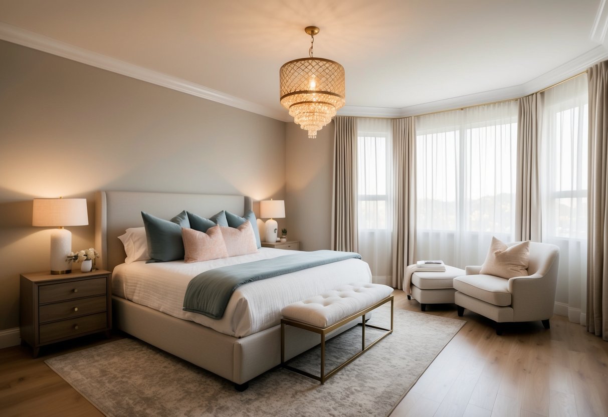 A cozy bedroom with a large, comfortable bed, soft lighting, and soothing decor