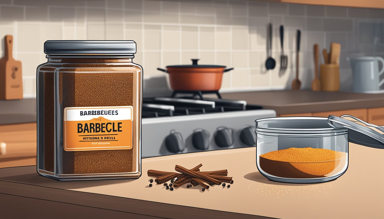 A jar of barbecue seasoning sits on a kitchen counter next to a grill. The lid is open, and the rich aroma of the spices fills the air