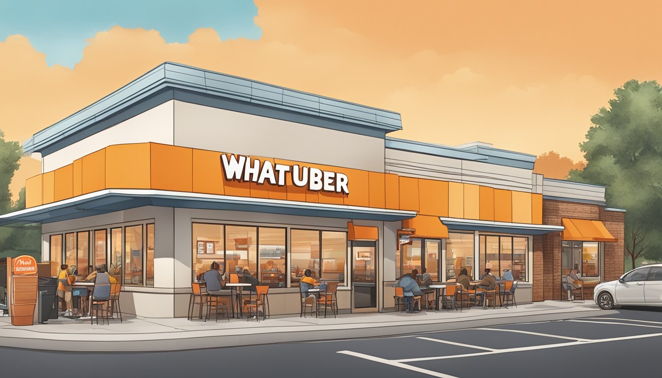 A bustling Whataburger restaurant in a North Carolina city, with a drive-thru line and outdoor seating area