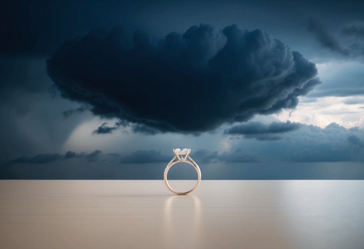 A dark storm cloud hovering over a wedding ring on a table