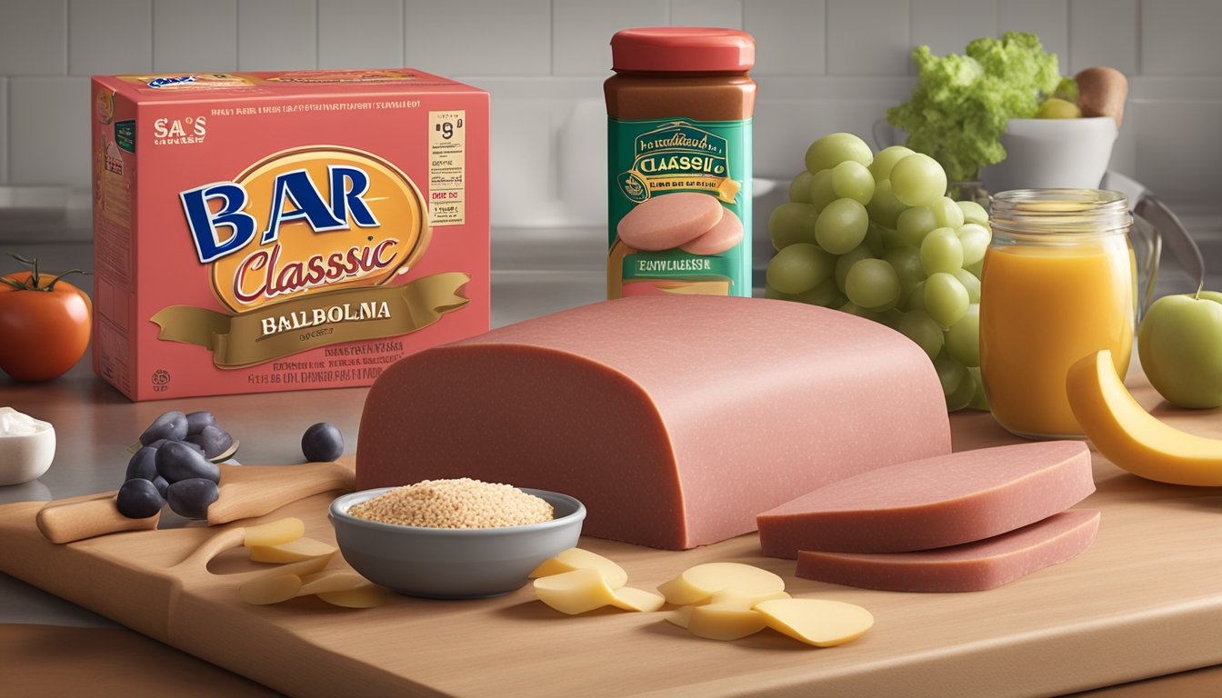 A package of Bar-S Classic Bologna sits unopened on a kitchen counter, surrounded by various ingredients and utensils