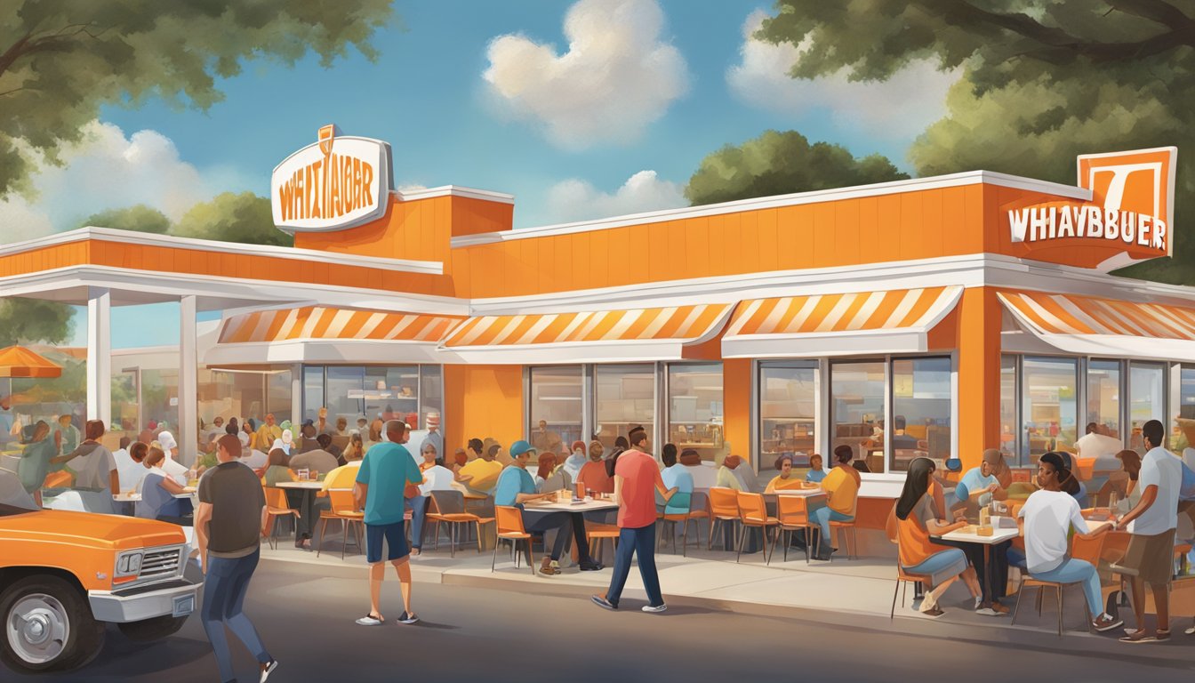 A bustling Whataburger restaurant surrounded by local businesses and a diverse group of customers enjoying their meals