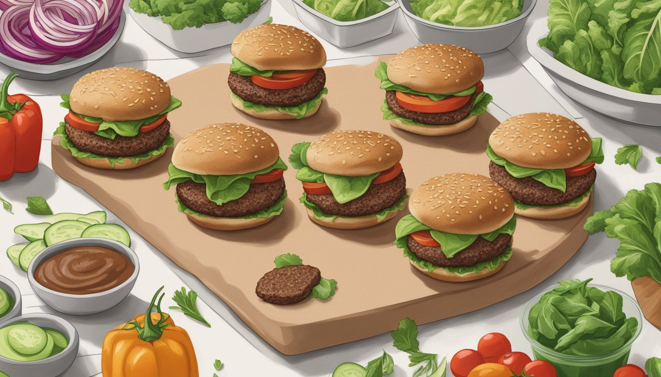 A package of Beyond Meat Beyond Burger Plant-Based Patties sits on a kitchen counter, surrounded by fresh vegetables and condiments