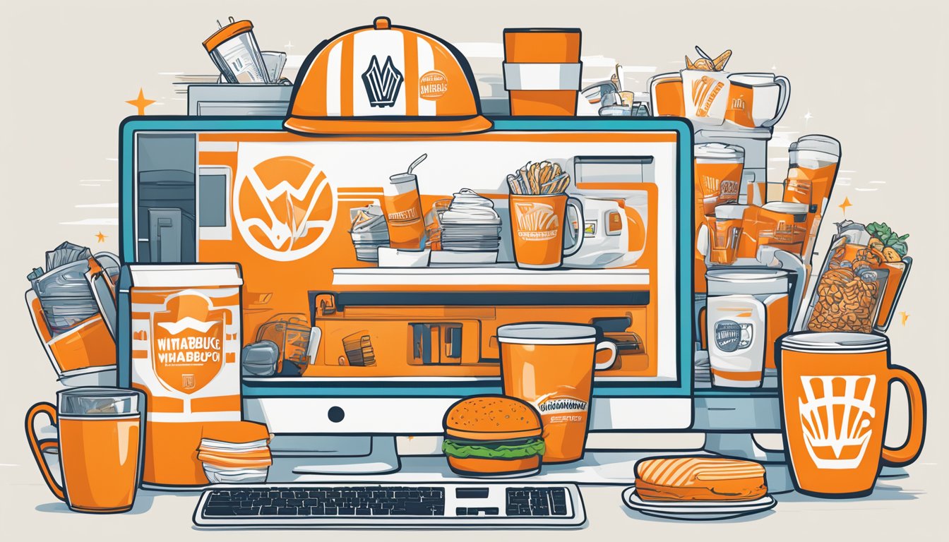 A computer screen showing a variety of Whataburger merchandise, including t-shirts, mugs, and keychains. A cursor hovers over the "Add to Cart" button