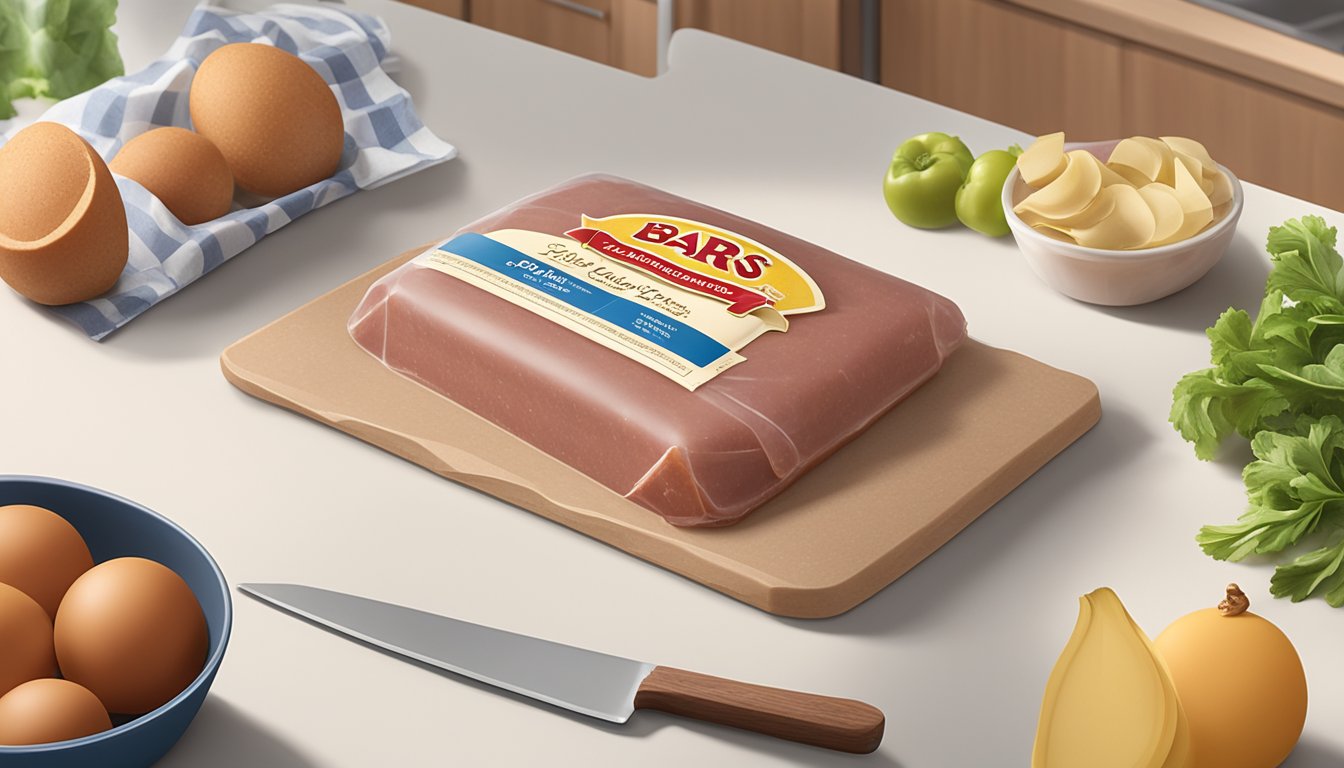 A package of Bar-S Classic Bologna sits unopened on a clean kitchen counter, surrounded by fresh ingredients and cooking utensils