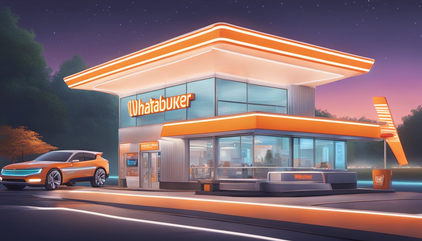 A futuristic Whataburger restaurant in North Carolina, with sleek architecture, neon lights, and self-driving cars in the drive-thru