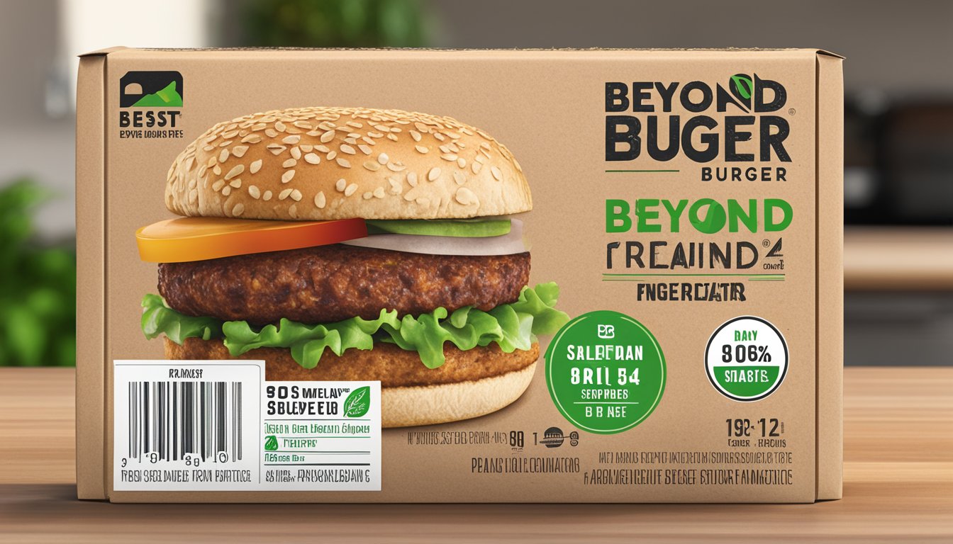 A package of Beyond Meat Beyond Burger Plant-Based Patties stored in a refrigerator, with a "best by" date visible on the packaging