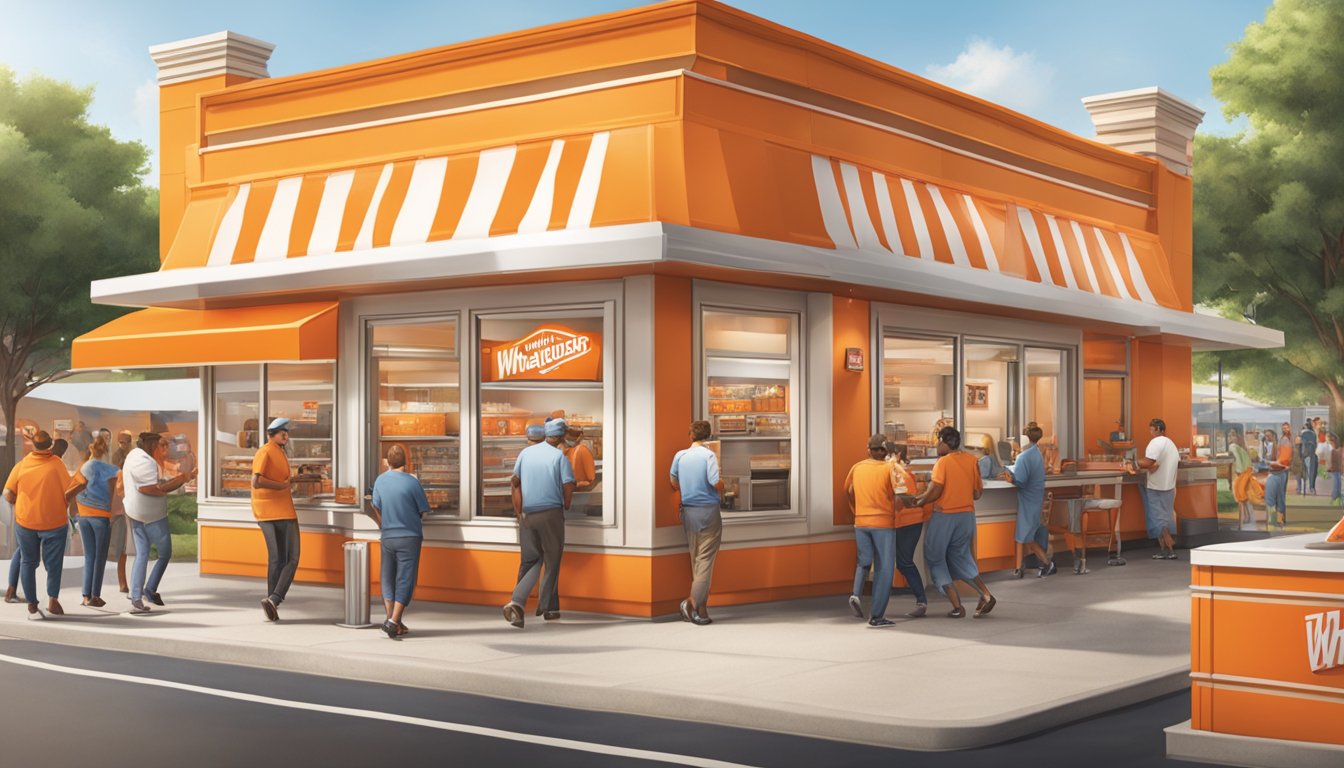 A bustling Whataburger restaurant with customers wearing branded merchandise. Outdoor signage and promotional materials are prominently displayed