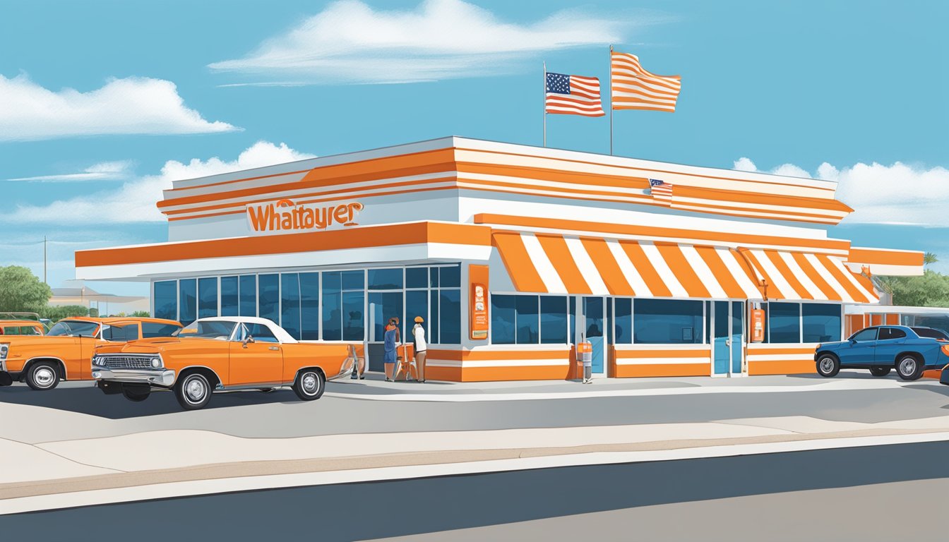 A bustling Whataburger in Corpus Christi, with cars lined up at the drive-thru and customers entering the restaurant. The iconic orange and white striped building stands out against the blue sky