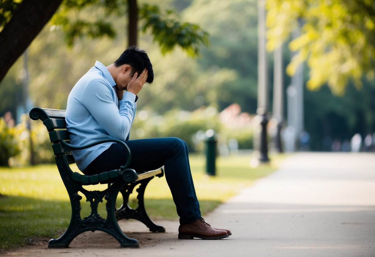 A person sitting alone on a park bench, surrounded by nature, with their head in their hands