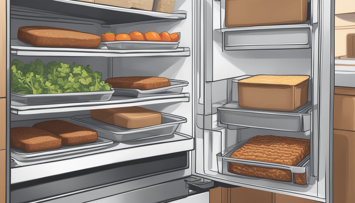 A kitchen scene with a package of Beyond Meat Beyond Burger Plant-Based Patties being stored in the refrigerator with a "best by" date visible on the packaging