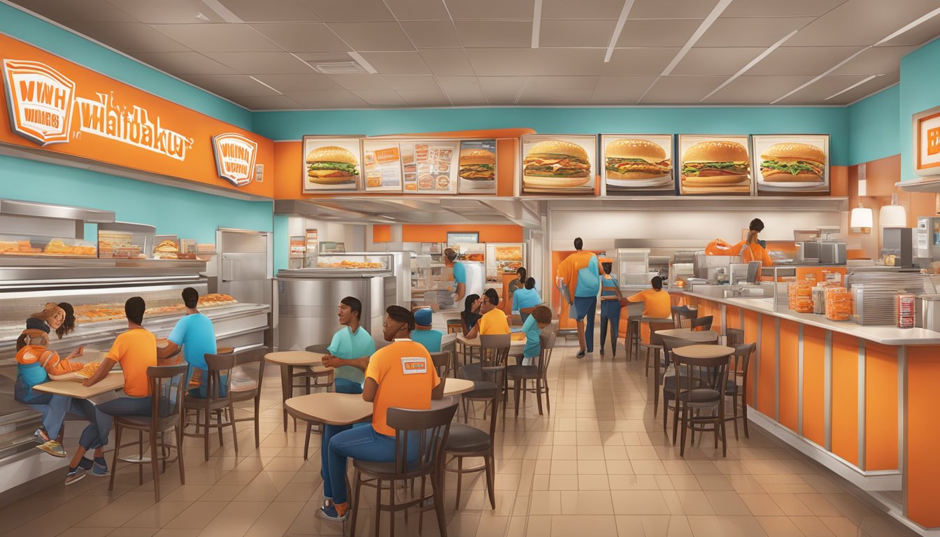 A bustling Whataburger restaurant in Corpus Christi, with colorful customer rewards and merchandise on display