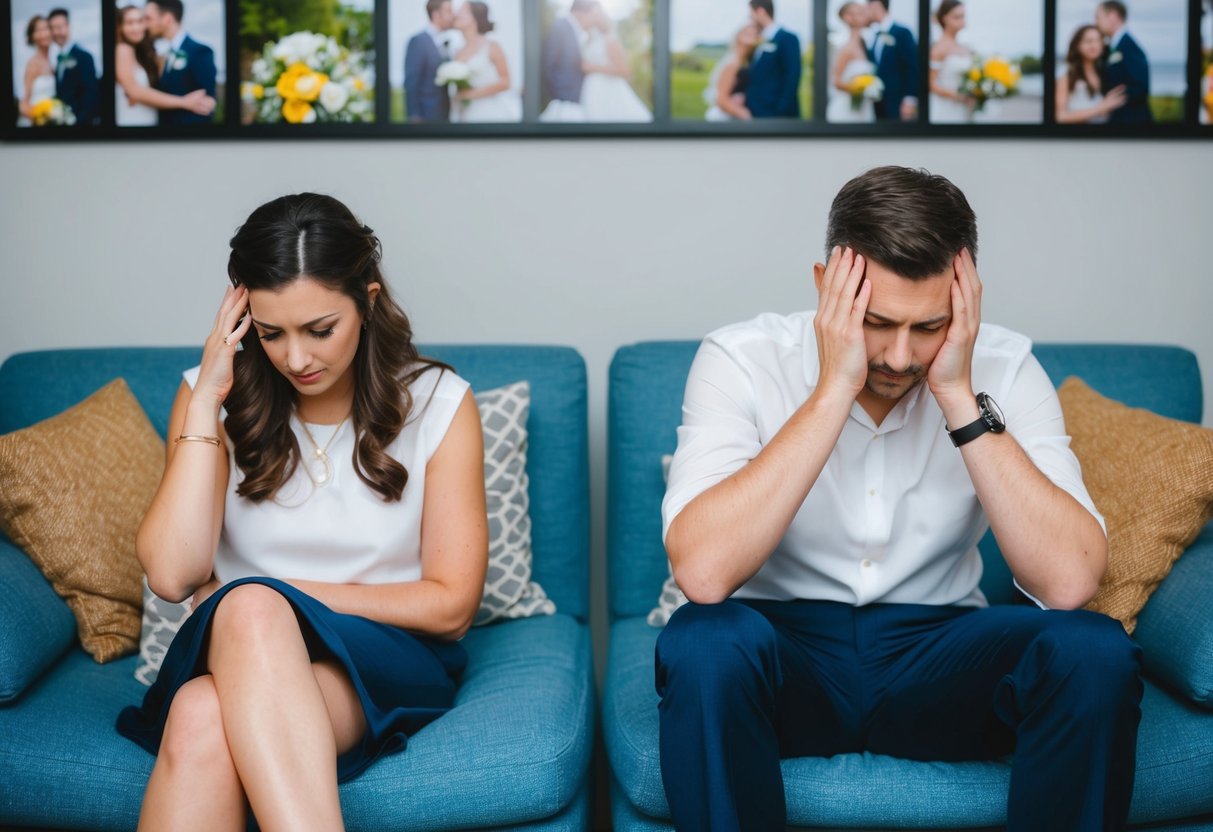 A couple sitting on separate couches, looking despondent with wedding photos in the background