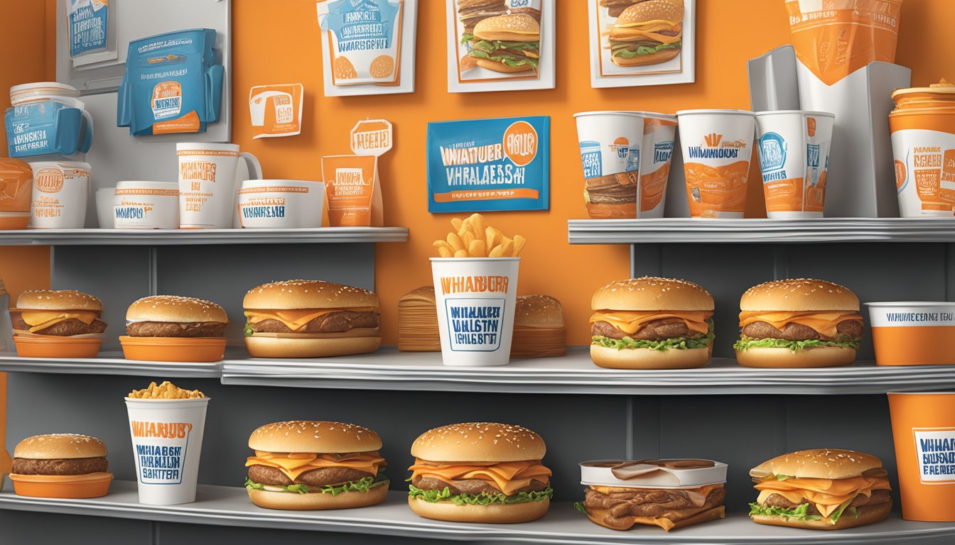 A display of Whataburger merchandise with loyalty program signage