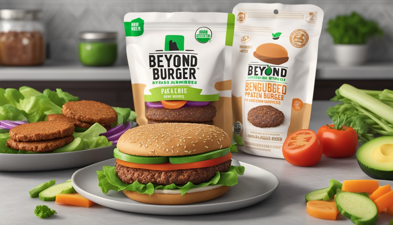 A package of Beyond Meat Beyond Burger Plant-Based Patties sits unopened on a kitchen counter, surrounded by fresh vegetables and a variety of condiments