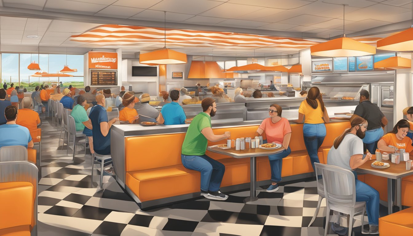 A bustling WhatABurger restaurant in Corpus Christi with a mix of corporate and community members dining and socializing