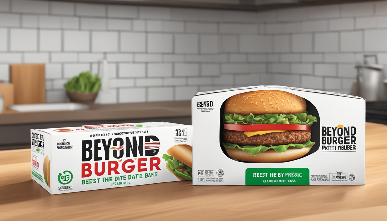 A Beyond Burger patty sits in its packaging, with a "best by" date clearly visible. A clock on the wall shows the current time