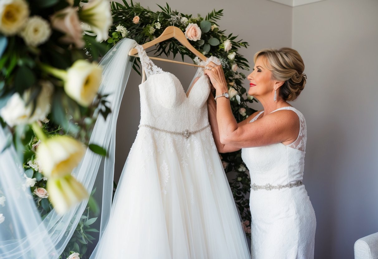 The mother of the bride carefully arranges the bridal gown and accessories on a hanger, surrounded by flowers and a wedding veil. She gazes at the dress with a mix of pride and nostalgia