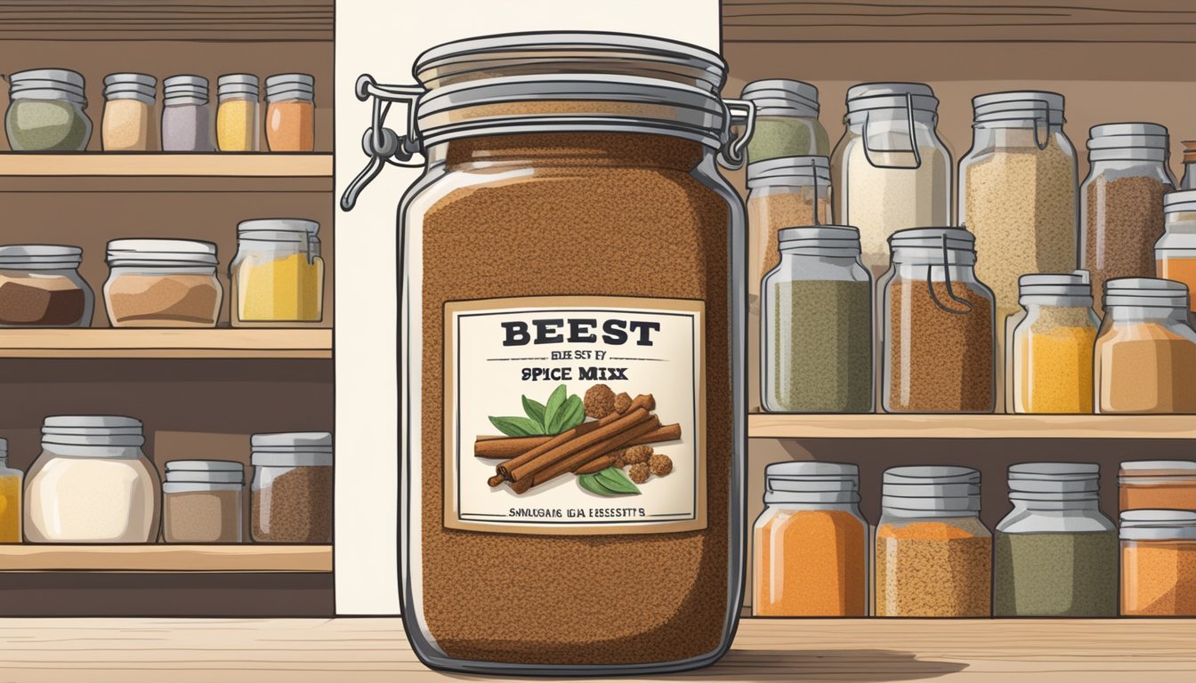 A jar of barbecue spice mix sits on a kitchen shelf, surrounded by various other spices and condiments. The jar is labeled with the name of the spice mix and a "best by" date