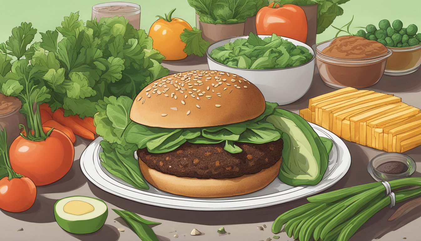 A Beyond Burger patty sits on a plate next to other plant-based alternatives, surrounded by fresh vegetables and herbs