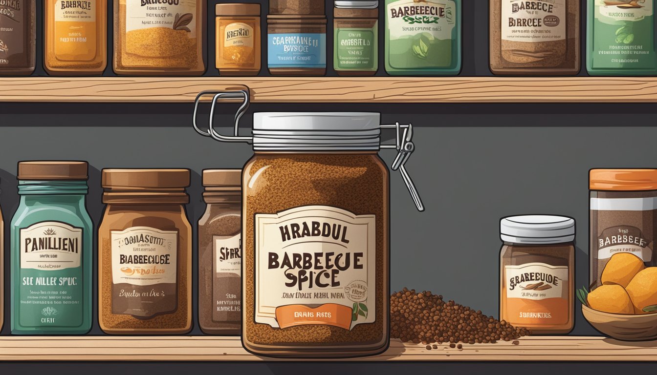 A jar of barbecue spice mix sits on a kitchen shelf, with visible signs of aging and degradation. Nearby, a newer, sealed container of the same spice mix remains fresh and vibrant