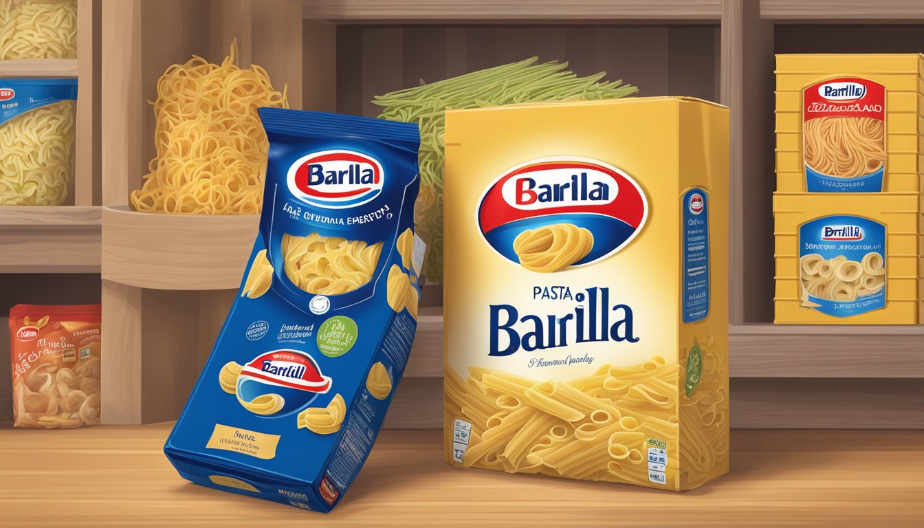 A box of Barilla pasta sits on a pantry shelf, surrounded by various types of pasta. The expiration date is visible on the packaging