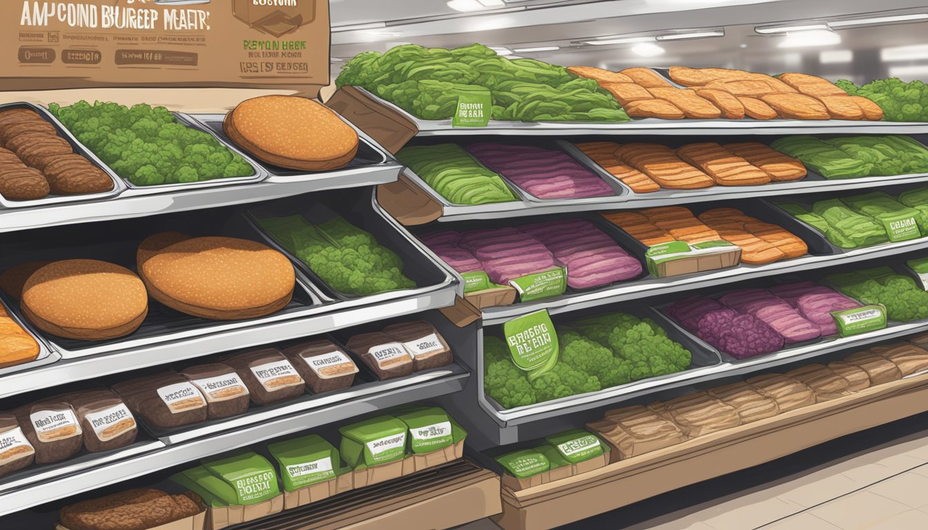 A display of Beyond Meat Beyond Burger Plant-Based Patties at a grocery store, with price tags and a "purchase here" sign