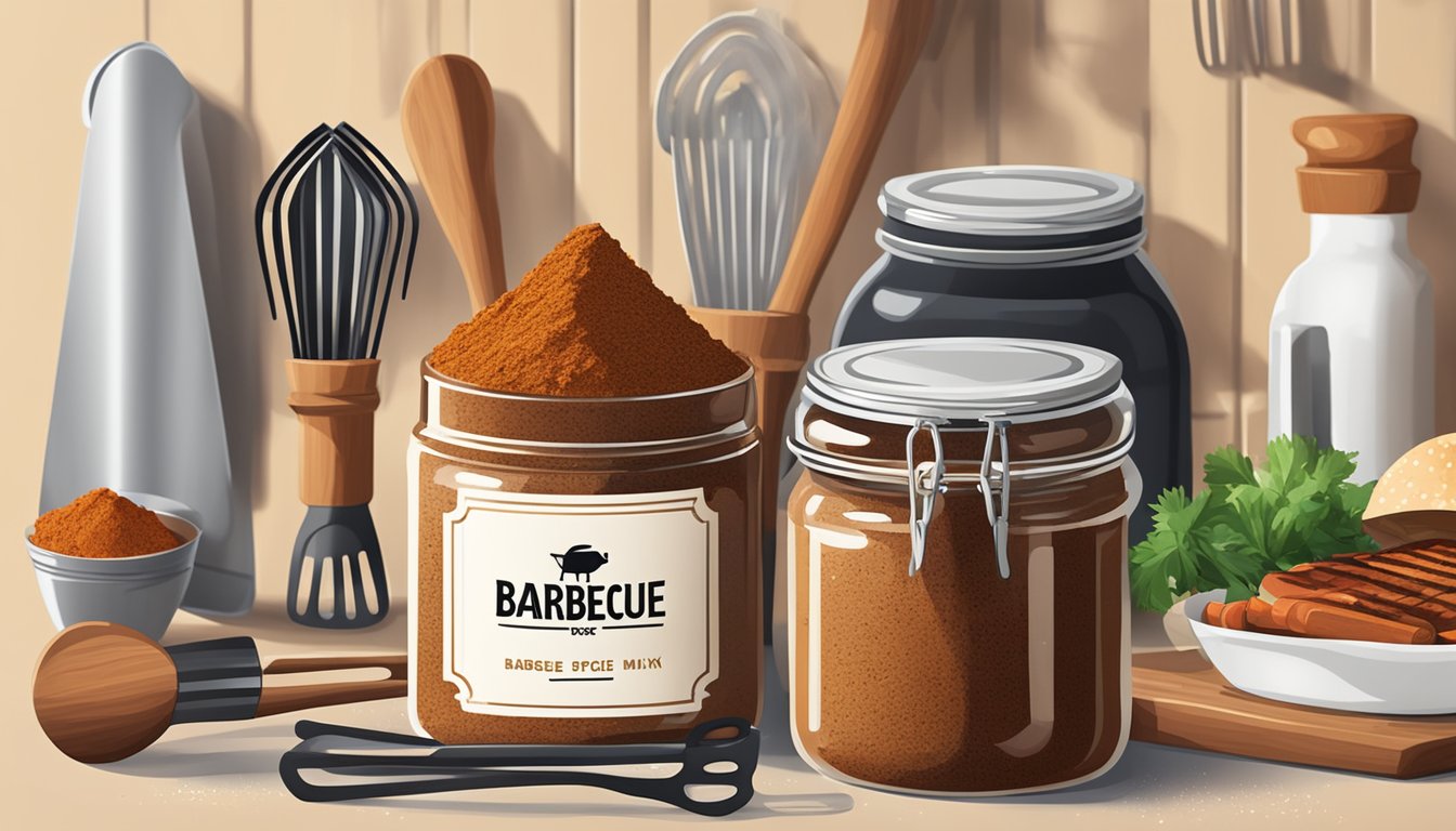 A jar of barbecue spice mix sits on a kitchen counter, surrounded by various grilling utensils and a barbecue grill in the background