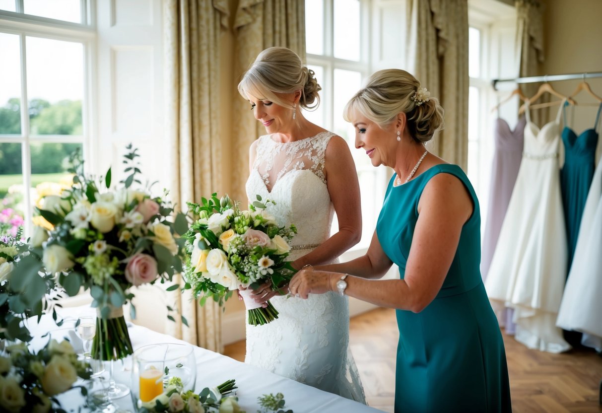 The mother of the bride arranges the bridal bouquet and helps with last-minute preparations in a sunlit room filled with flowers and wedding attire