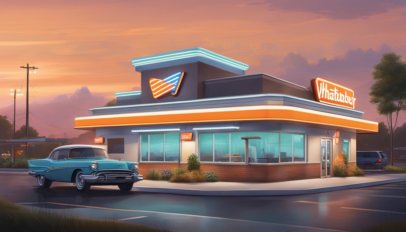 A bustling Whataburger restaurant on Bridgeberry Lane, with cars in the drive-thru and a neon sign glowing in the evening